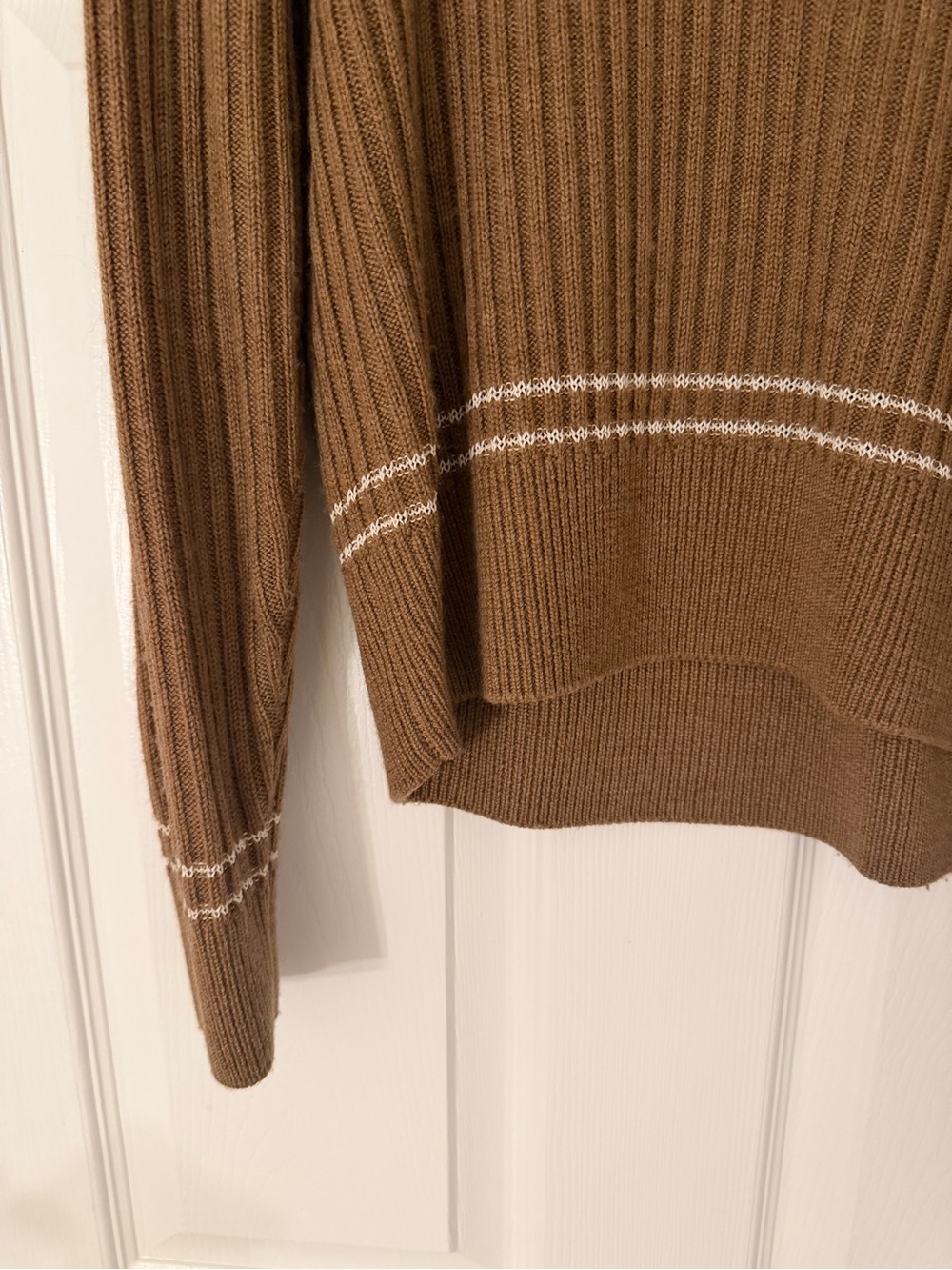 rag & bone Camel Ribbed V-Neck Sweater with White Contrast Stitch - Picture 3 of 5